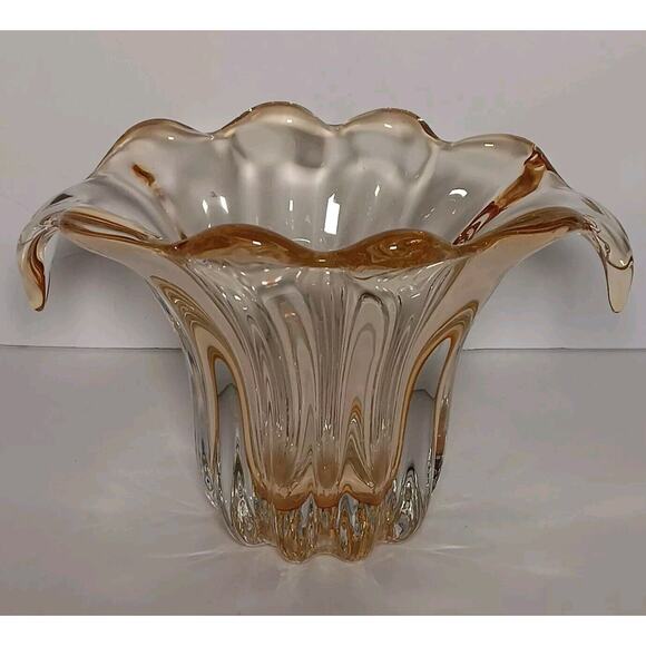 Vintage Ribbed Amber Art Glass Vase Drip Waterfall Tulip Container 6"H - Picture 1 of 10